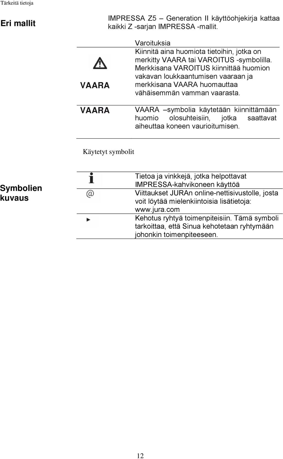 Merkkisana VAROITUS kiinnittää huomion vakavan loukkaantumisen vaaraan ja merkkisana VAARA huomauttaa vähäisemmän vamman vaarasta.