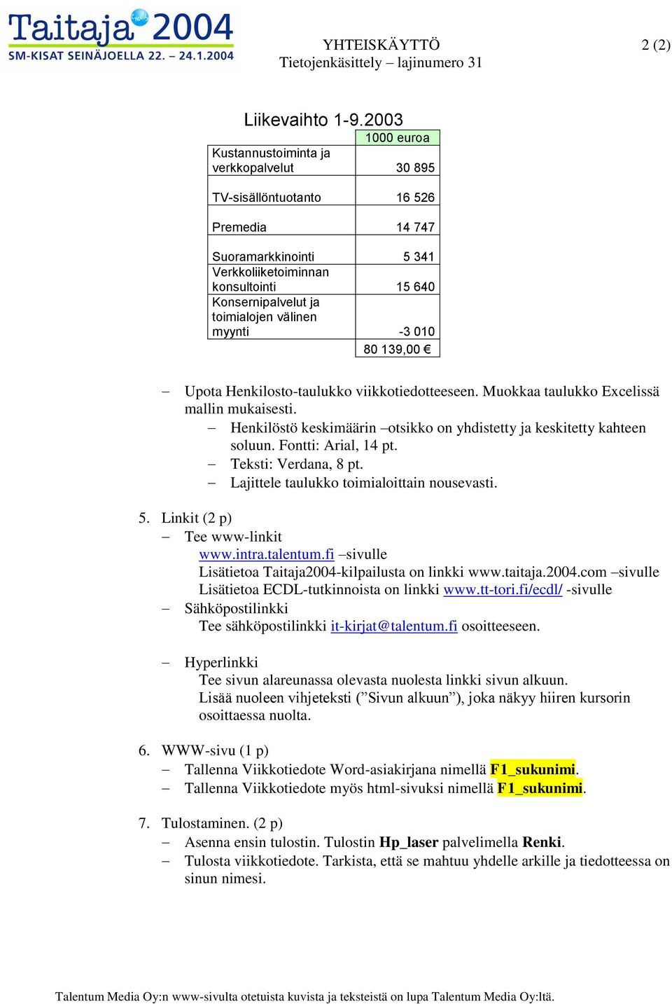 välinen myynti -3 010 80 139,00 Upota Henkilosto-taulukko viikkotiedotteeseen. Muokkaa taulukko Excelissä mallin mukaisesti. Henkilöstö keskimäärin otsikko on yhdistetty ja keskitetty kahteen soluun.