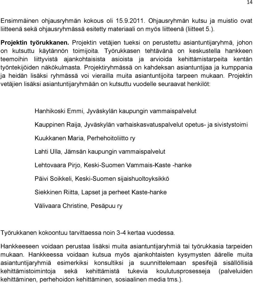 Työrukkasen tehtävänä on keskustella hankkeen teemoihin liittyvistä ajankohtaisista asioista ja arvioida kehittämistarpeita kentän työntekijöiden näkökulmasta.