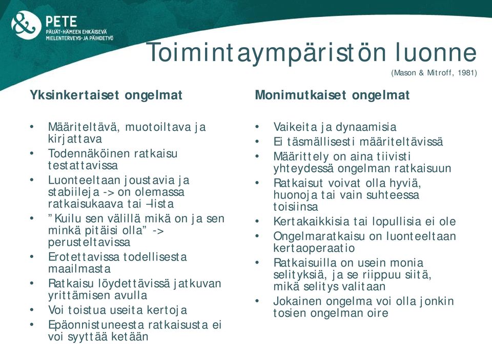 toistua useita kertoja Epäonnistuneesta ratkaisusta ei voi syyttää ketään Monimutkaiset ongelmat Vaikeita ja dynaamisia Ei täsmällisesti määriteltävissä Määrittely on aina tiivisti yhteydessä