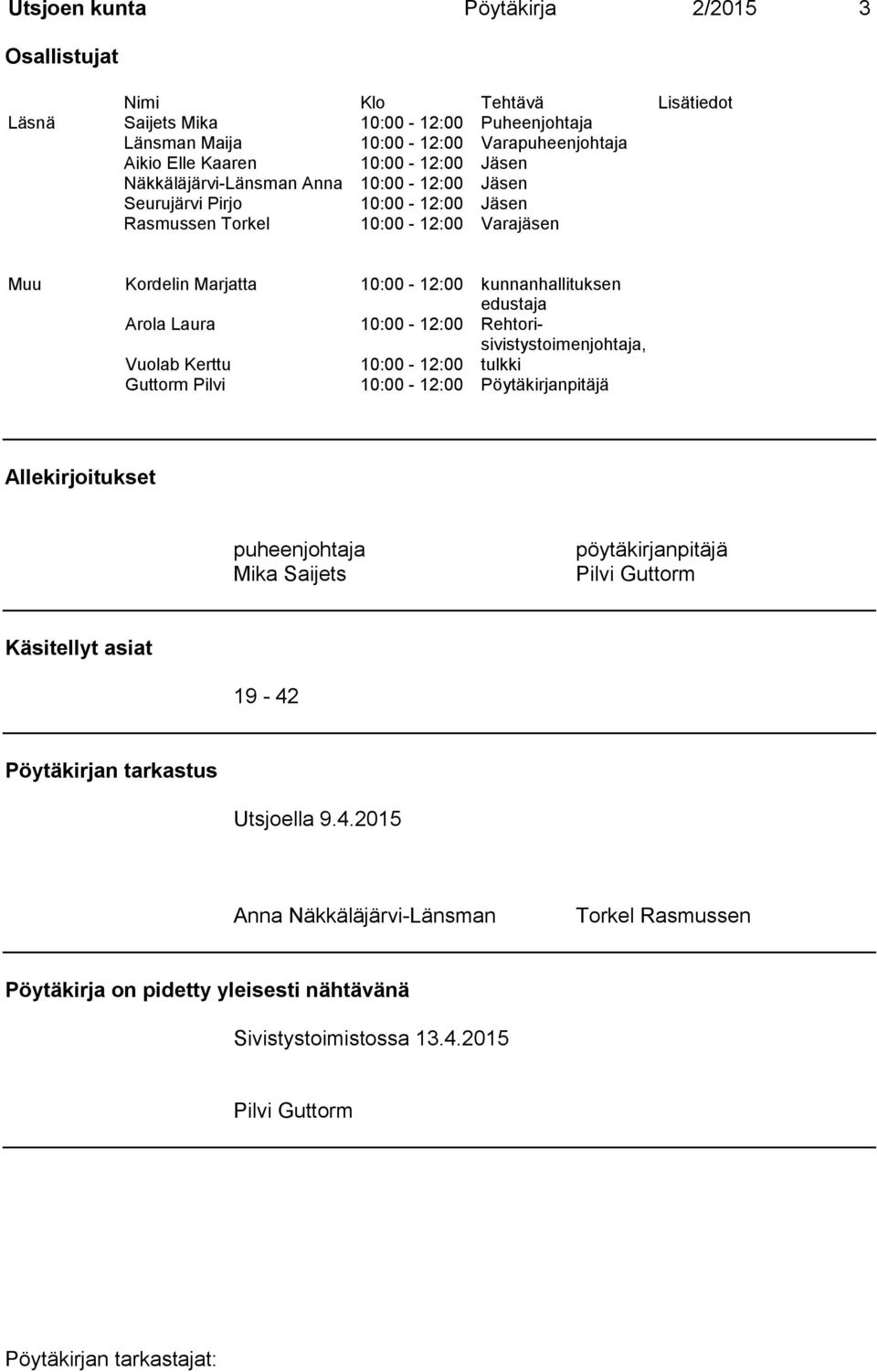 Laura 10:00-12:00 Rehtorisivistystoimenjohtaja, Vuolab Kerttu 10:00-12:00 tulkki Guttorm Pilvi 10:00-12:00 Pöytäkirjanpitäjä Allekirjoitukset puheenjohtaja Mika Saijets pöytäkirjanpitäjä Pilvi