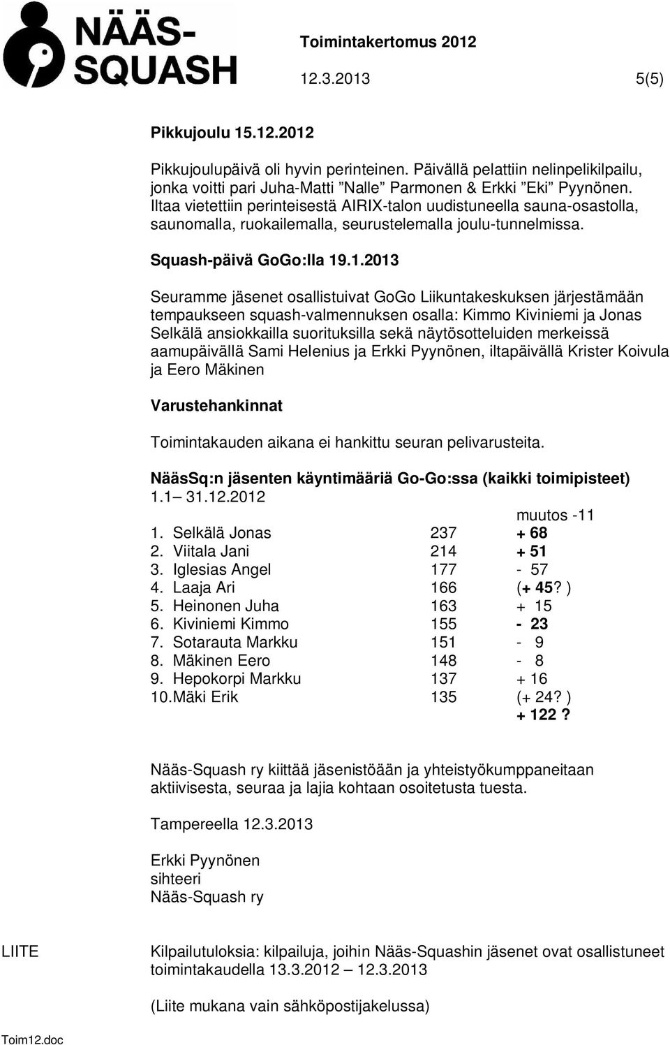 .1.2013 Seuramme jäsenet osallistuivat GoGo Liikuntakeskuksen järjestämään tempaukseen squash-valmennuksen osalla: Kimmo Kiviniemi ja Jonas Selkälä ansiokkailla suorituksilla sekä näytösotteluiden