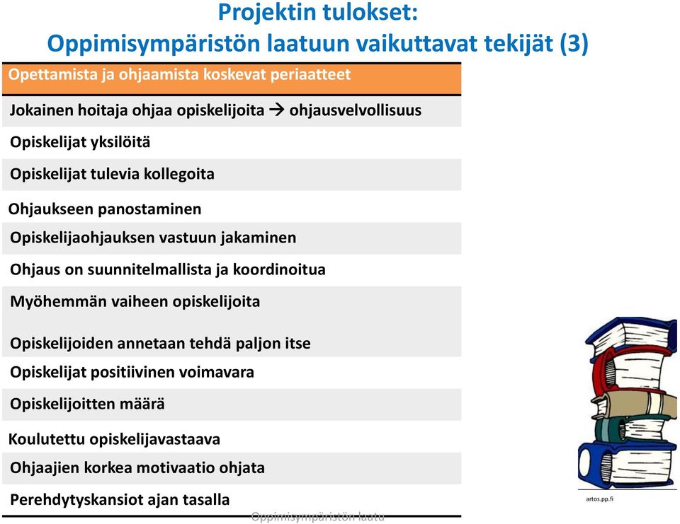 Ohjaus on suunnitelmallista ja koordinoitua Myöhemmän vaiheen opiskelijoita Opiskelijoiden annetaan tehdä paljon itse Opiskelijat