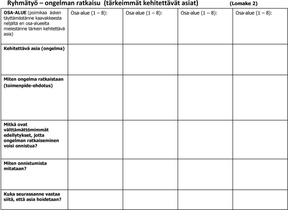8): Kehitettävä asia (ongelma) Miten ongelma ratkaistaan (toimenpide-ehdotus) Mitkä ovat välttämättömimmät edellytykset,