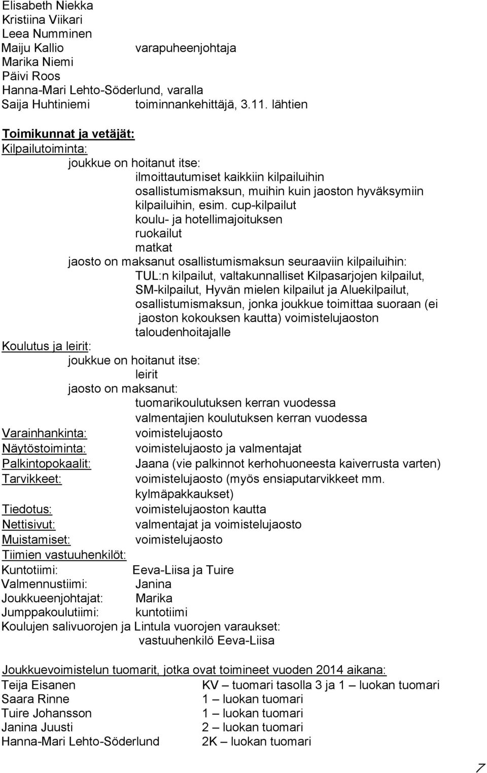 cup-kilpailut koulu- ja hotellimajoituksen ruokailut matkat jaosto on maksanut osallistumismaksun seuraaviin kilpailuihin: TUL:n kilpailut, valtakunnalliset Kilpasarjojen kilpailut, SM-kilpailut,