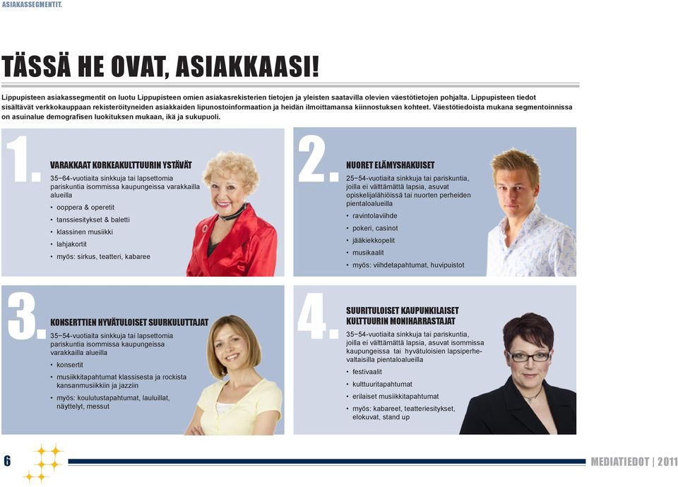 Väestötiedoista mukana segmentoinnissa on asuinalue demografisen luokituksen mukaan, ikä ja sukupuoli. 1. 2.