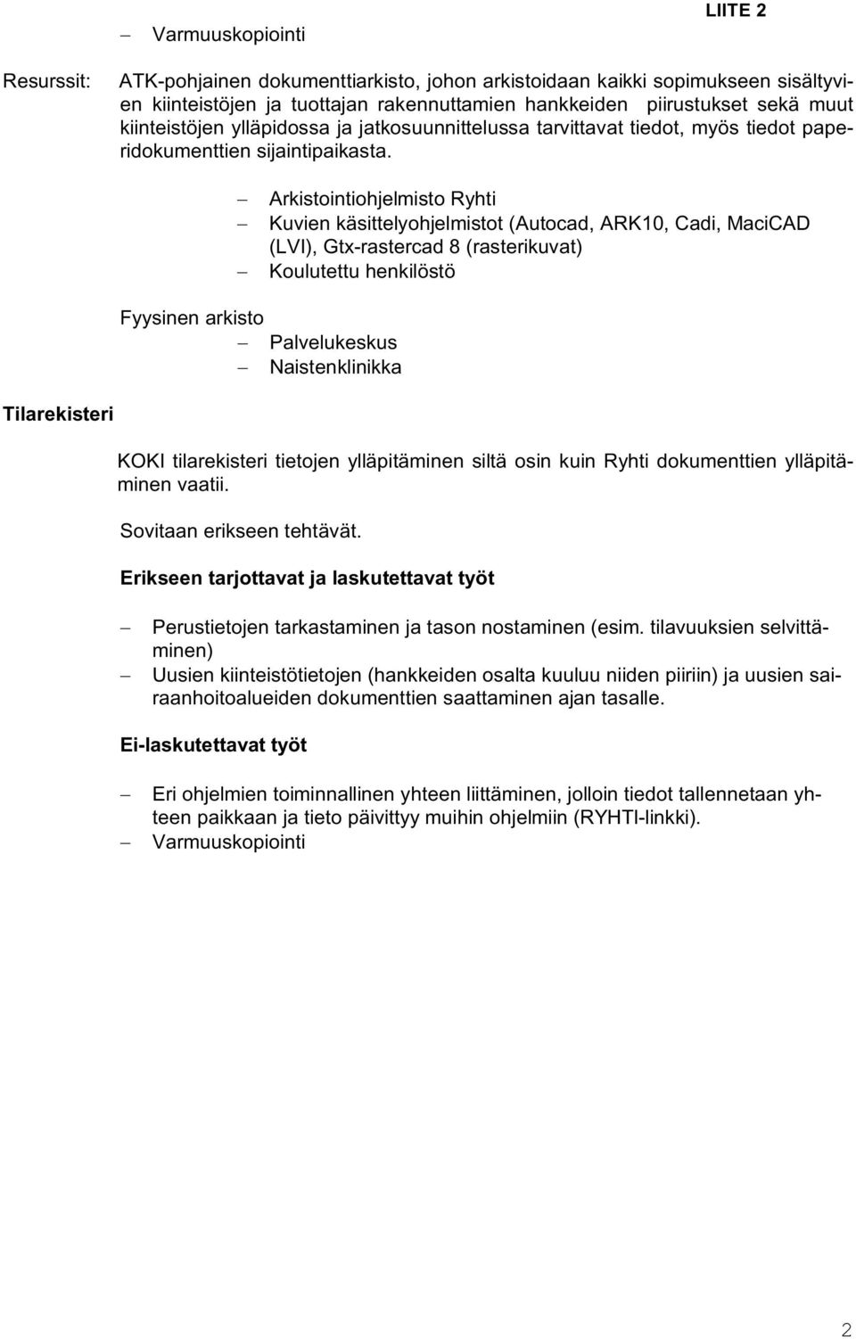 Arkistointiohjelmisto Ryhti Kuvien käsittelyohjelmistot (Autocad, ARK10, Cadi, MaciCAD (LVI), Gtx-rastercad 8 (rasterikuvat) Koulutettu henkilöstö Fyysinen arkisto Palvelukeskus Naistenklinikka