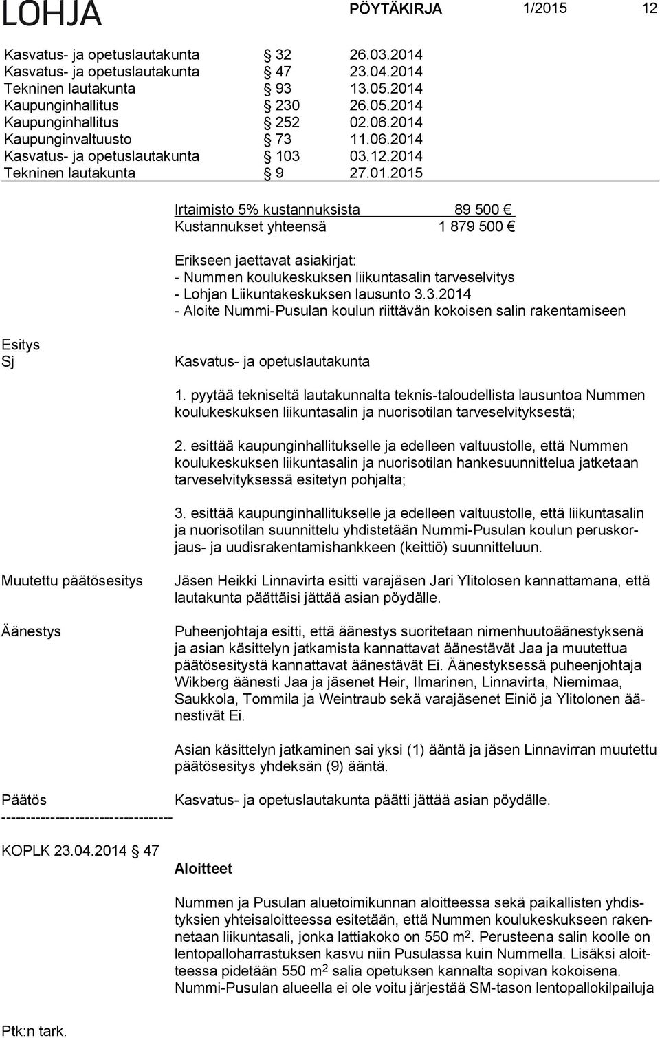 Kaupunginvaltuusto 73 11. Kasvatus- ja opetuslautakunta 103 03.12.2014