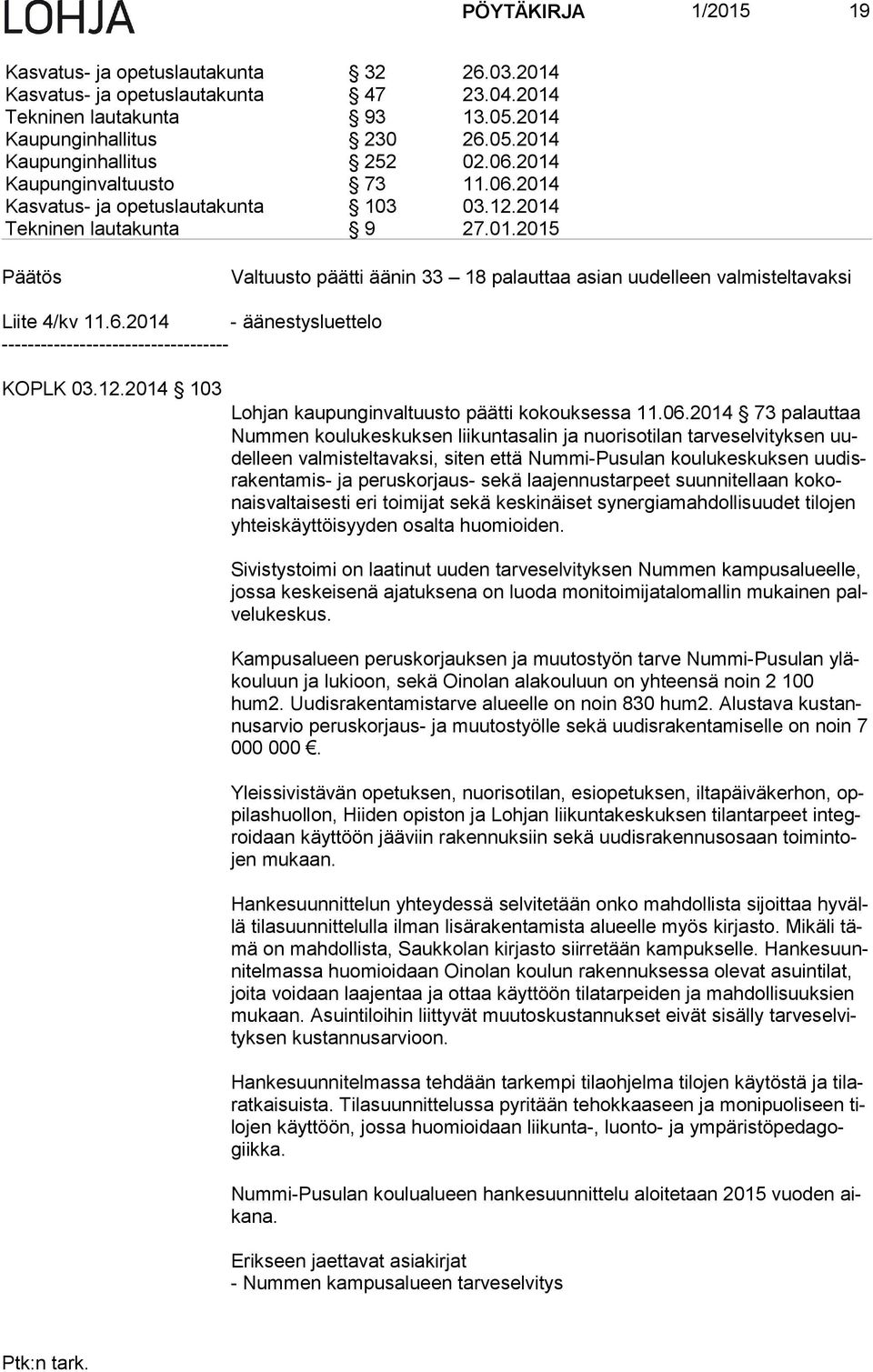 6.2014 - äänestysluettelo ----------------------------------- KOPLK 03.12.2014 103 Lohjan kaupunginvaltuusto päätti kokouksessa 11.06.
