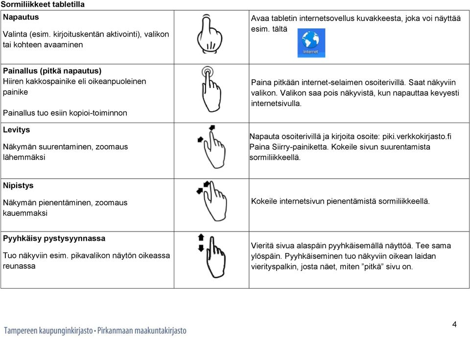 internet-selaimen osoiterivillä. Saat näkyviin valikon. Valikon saa pois näkyvistä, kun napauttaa kevyesti internetsivulla. Napauta osoiterivillä ja kirjoita osoite: piki.verkkokirjasto.