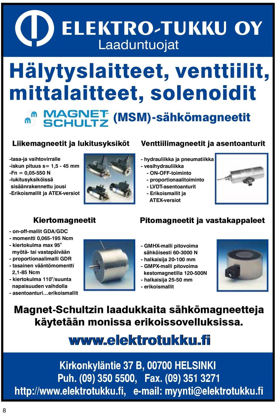 proportionaalitoiminto - LVDT-asentoanturit - Erikoismallit ja ATEX-versiot Kiertomagneetit - on-off-mallit GDA/GDC - momentti 0,065-195 Ncm o - kiertokulma max 95 myötä- tai vastapäivään -