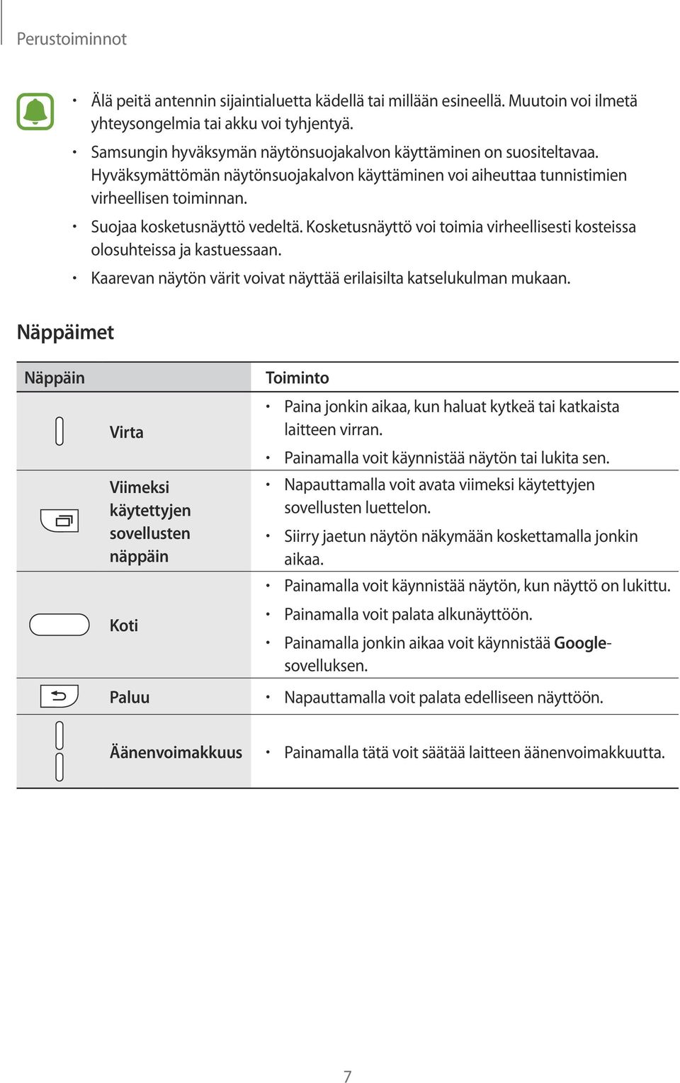 Kosketusnäyttö voi toimia virheellisesti kosteissa olosuhteissa ja kastuessaan. Kaarevan näytön värit voivat näyttää erilaisilta katselukulman mukaan.