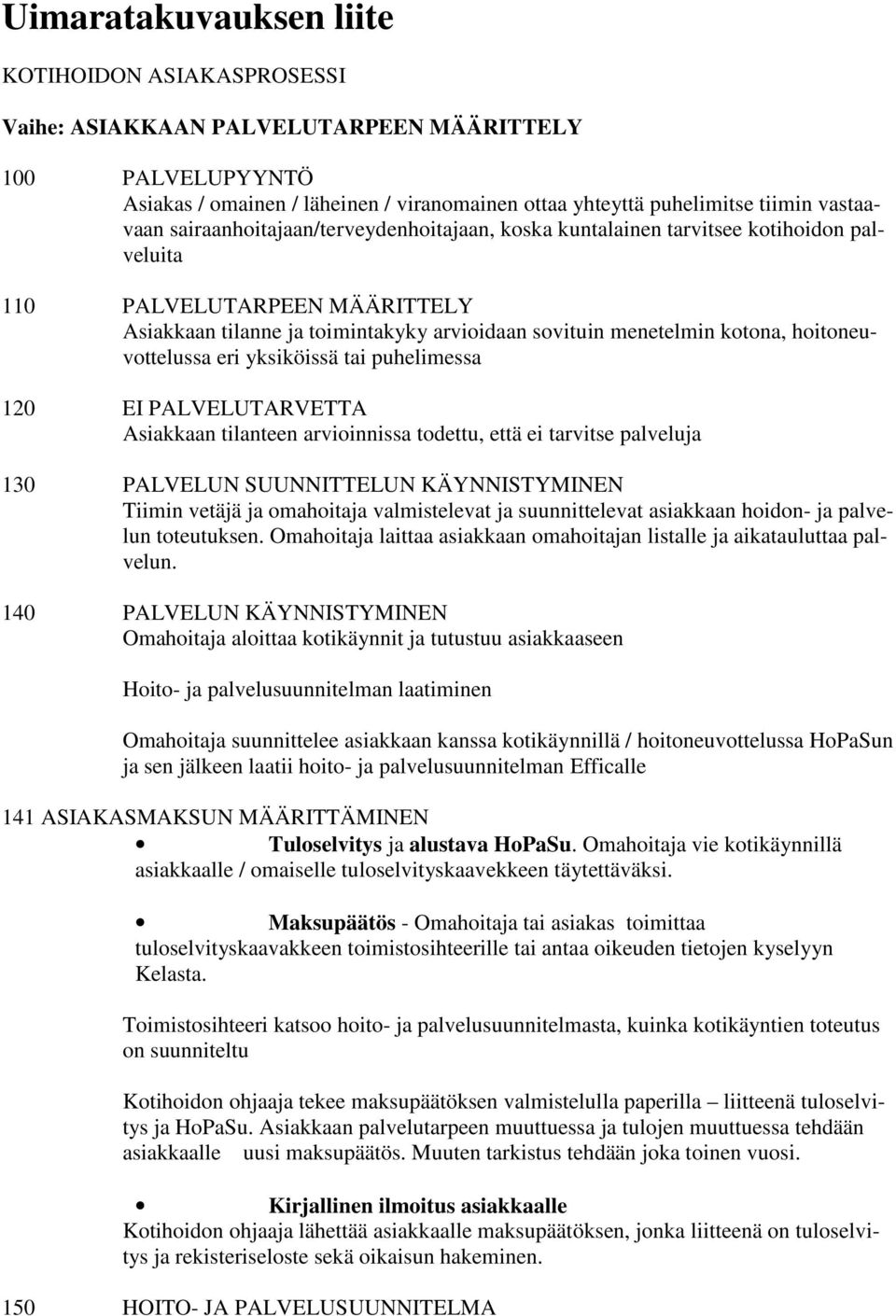 kotona, hoitoneuvottelussa eri yksiköissä tai puhelimessa 120 EI PALVELUTARVETTA Asiakkaan tilanteen arvioinnissa todettu, että ei tarvitse palveluja 130 PALVELUN SUUNNITTELUN KÄYNNISTYMINEN Tiimin