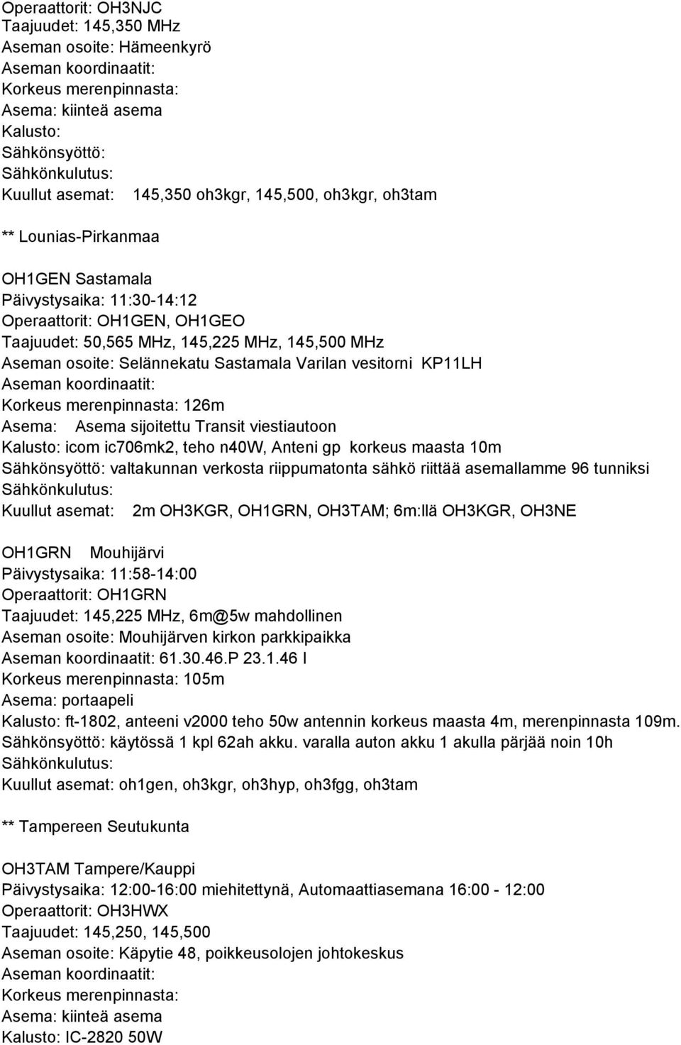 Varilan vesitorni KP11LH Aseman koordinaatit: Korkeus merenpinnasta: 126m Asema: Asema sijoitettu Transit viestiautoon Kalusto: icom ic706mk2, teho n40w, Anteni gp korkeus maasta 10m Sähkönsyöttö: