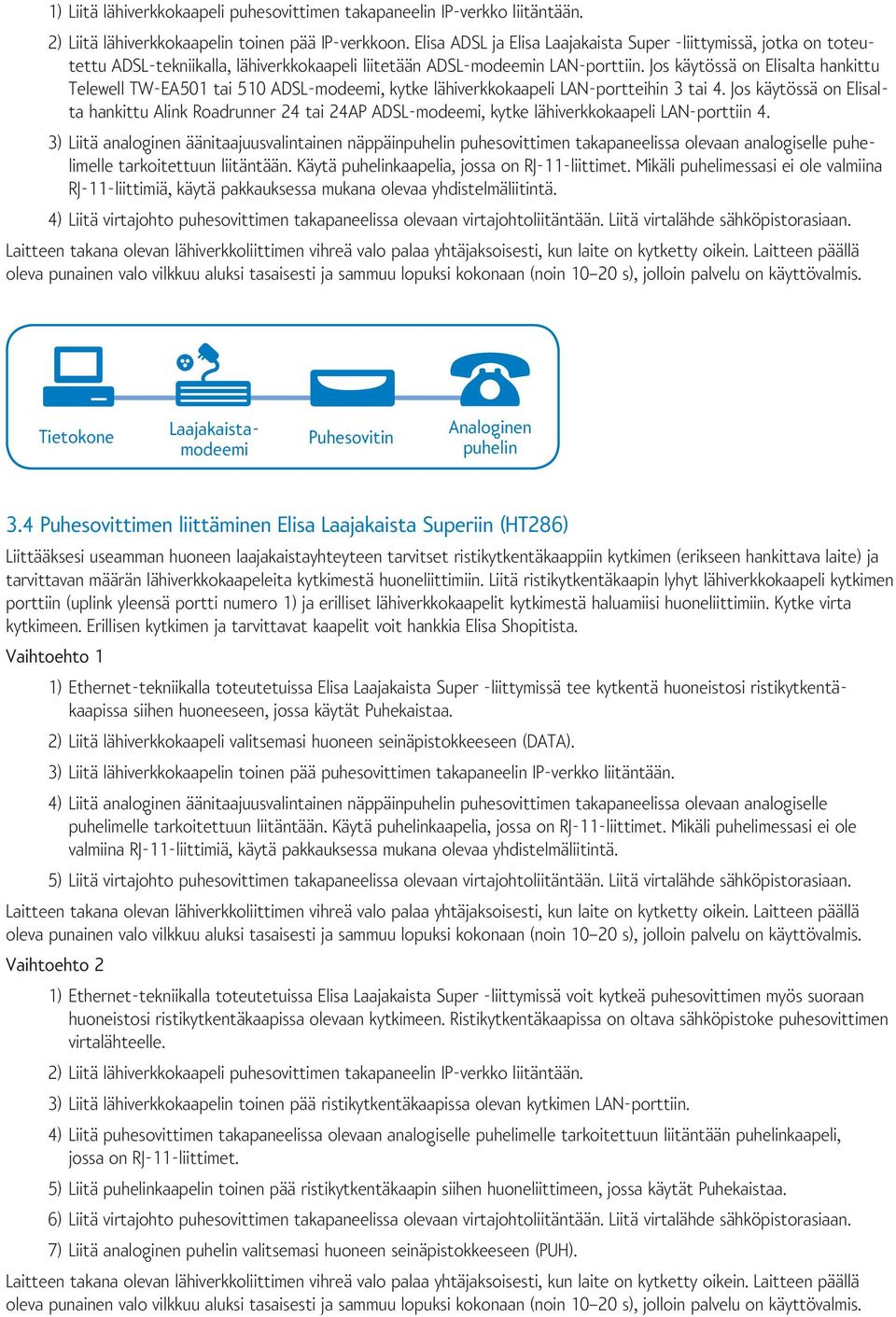 Jos käytössä on Elisalta hankittu Telewell TW-EA501 tai 510 ADSL-modeemi, kytke lähiverkkokaapeli LAN-portteihin 3 tai 4.