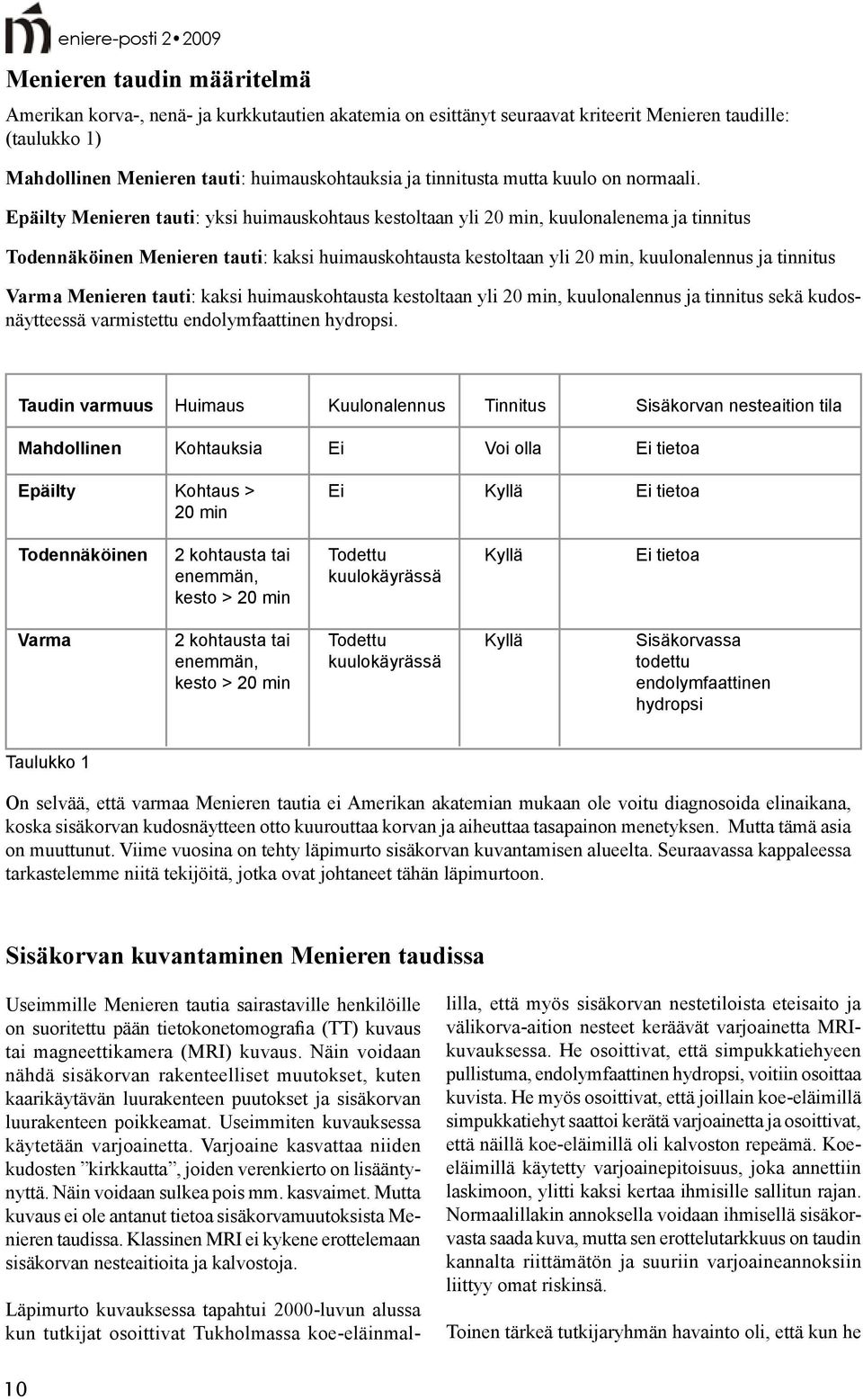 Epäilty Menieren tauti: yksi huimauskohtaus kestoltaan yli 20 min, kuulonalenema ja tinnitus Todennäköinen Menieren tauti: kaksi huimauskohtausta kestoltaan yli 20 min, kuulonalennus ja tinnitus