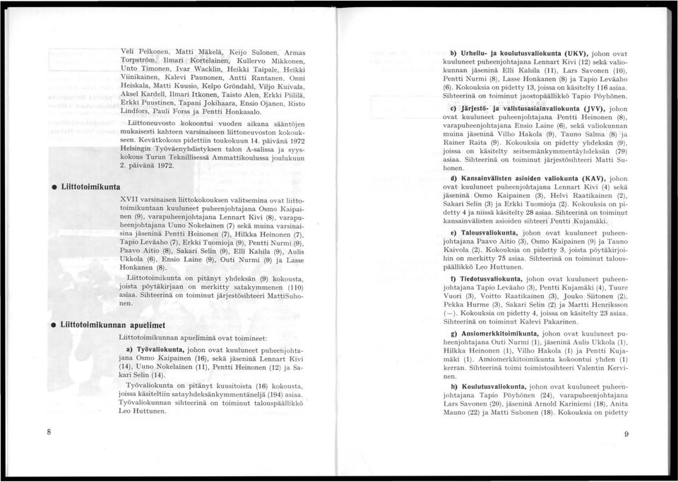 okihaara, Ensio Ojanen, Risto Lindfors, Pauli Forss ja Pentti Honkasalo. Liittoneuvosto kokoont ui vuoden aikana sääntöjen mukaisesti kahteen varsinaiseen liittoneuvoston kokoukseen.
