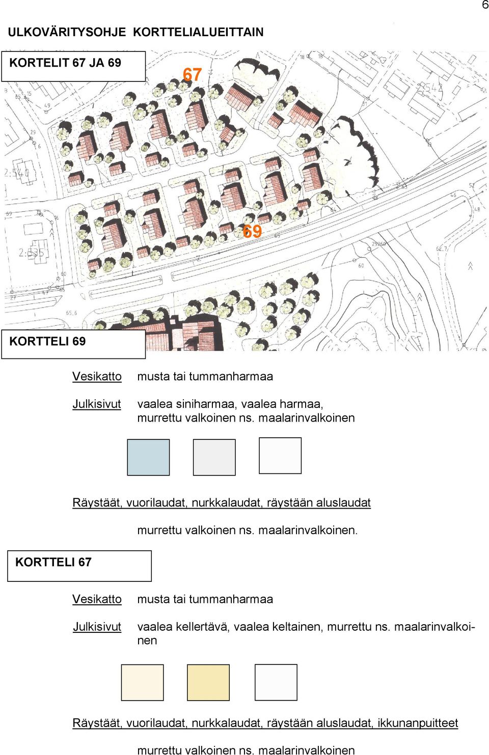 maalarinvalkoinen KORTTELI 67 Räystäät, vuorilaudat, nurkkalaudat, räystään aluslaudat murrettu valkoinen ns. maalarinvalkoinen.