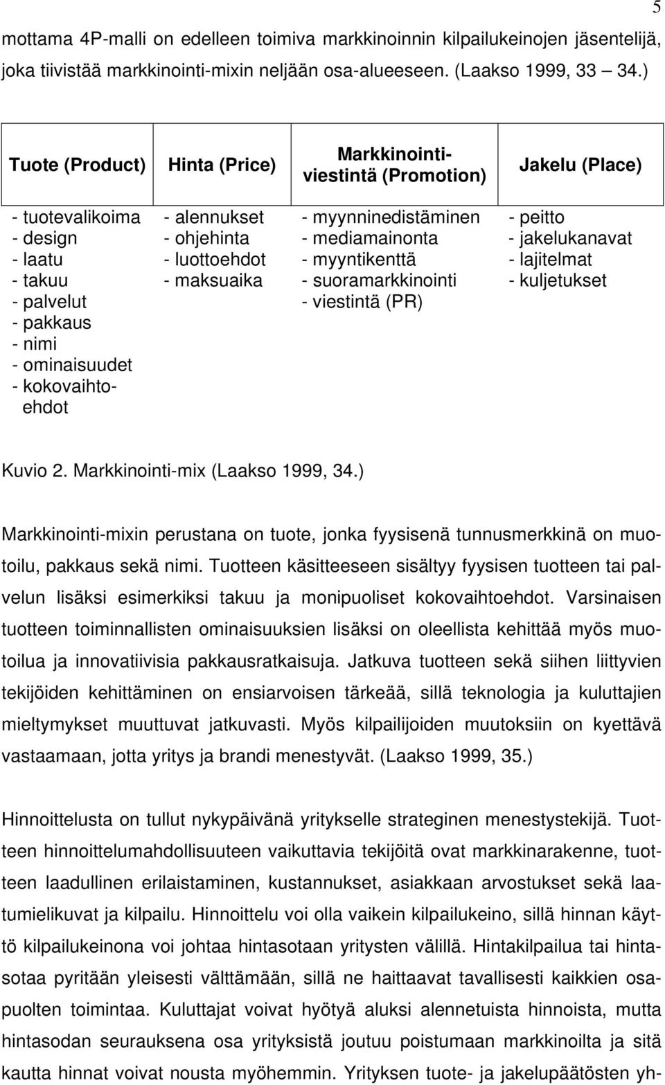 - ohjehinta - luottoehdot - maksuaika - myynninedistäminen - mediamainonta - myyntikenttä - suoramarkkinointi - viestintä (PR) - peitto - jakelukanavat - lajitelmat - kuljetukset Kuvio 2.