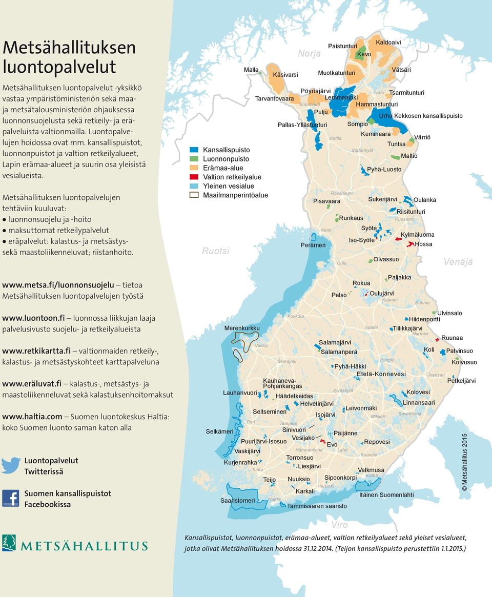 Metsähallituksen luontopalvelujen tehtäviin kuuluvat: luonnonsuojelu ja -hoito maksuttomat retkeilypalvelut eräpalvelut: kalastus- ja metsästyssekä maastoliikenneluvat; riistanhoito. www.metsa.