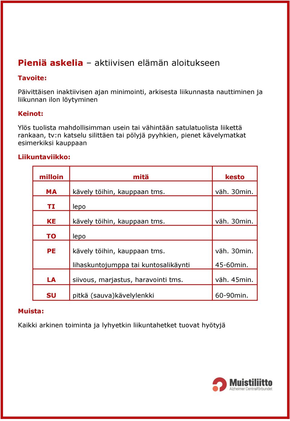 Liikuntaviikko: milloin mitä kesto MA kävely töihin, kauppaan tms. TI lepo KE kävely töihin, kauppaan tms. TO PE lepo kävely töihin, kauppaan tms.