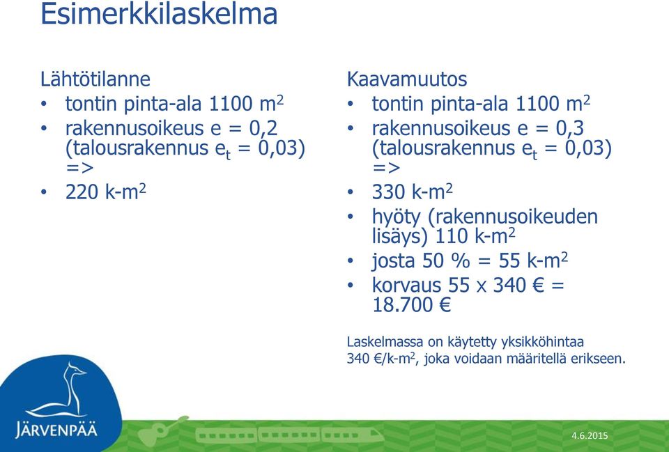 (talousrakennus e t = 0,03) => 330 k-m 2 hyöty (rakennusoikeuden lisäys) 110 k-m 2 josta 50 % = 55