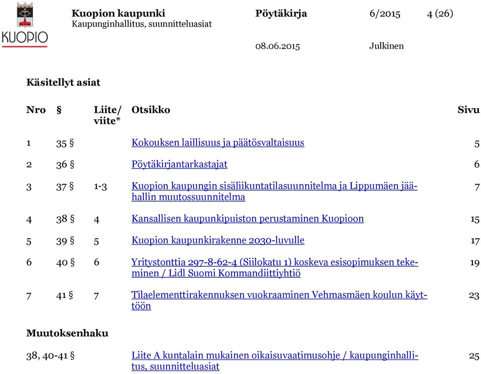 perustaminen Kuopioon 15 5 39 5 Kuopion kaupunkirakenne 2030-luvulle 17 6 40 6 Yritystonttia 297-8-62-4 (Siilokatu 1) koskeva esisopimuksen tekeminen / Lidl Suomi