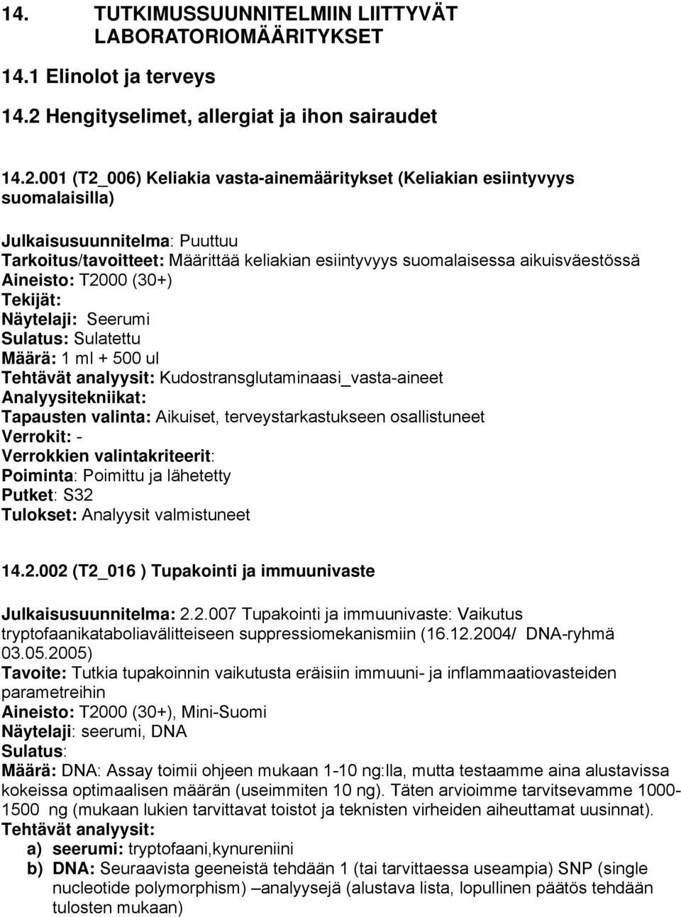 001 (T2_006) Keliakia vasta-ainemääritykset (Keliakian esiintyvyys suomalaisilla) Julkaisusuunnitelma: Puuttuu Tarkoitus/tavoitteet: Määrittää keliakian esiintyvyys suomalaisessa aikuisväestössä