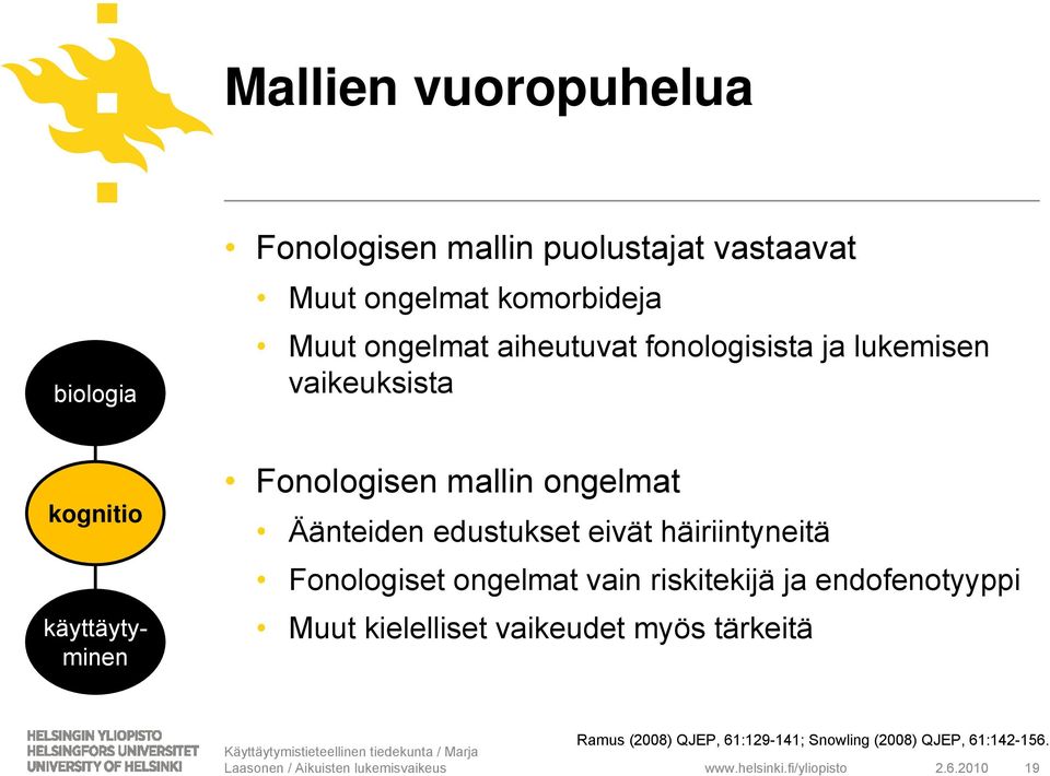 edustukset eivät häiriintyneitä Fonologiset ongelmat vain riskitekijä ja endofenotyyppi Muut kielelliset