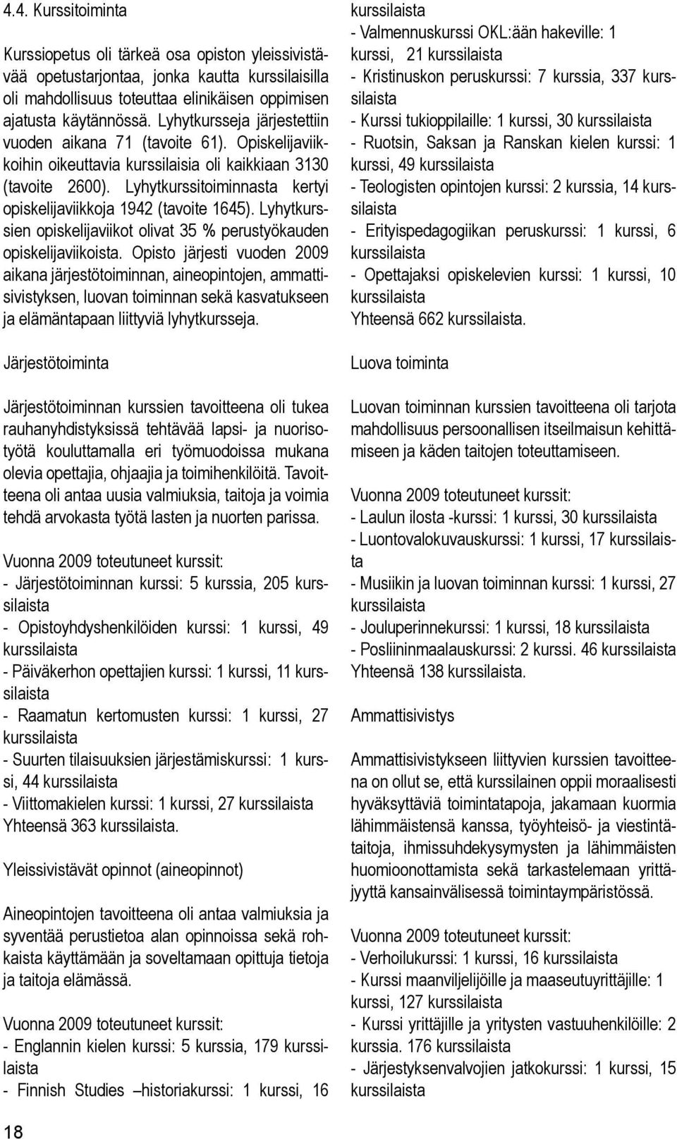 Lyhytkurssitoiminnasta kertyi opiskelijaviikkoja 1942 (tavoite 1645). Lyhytkurssien opiskelijaviikot olivat 35 % perustyökauden opiskelijaviikoista.