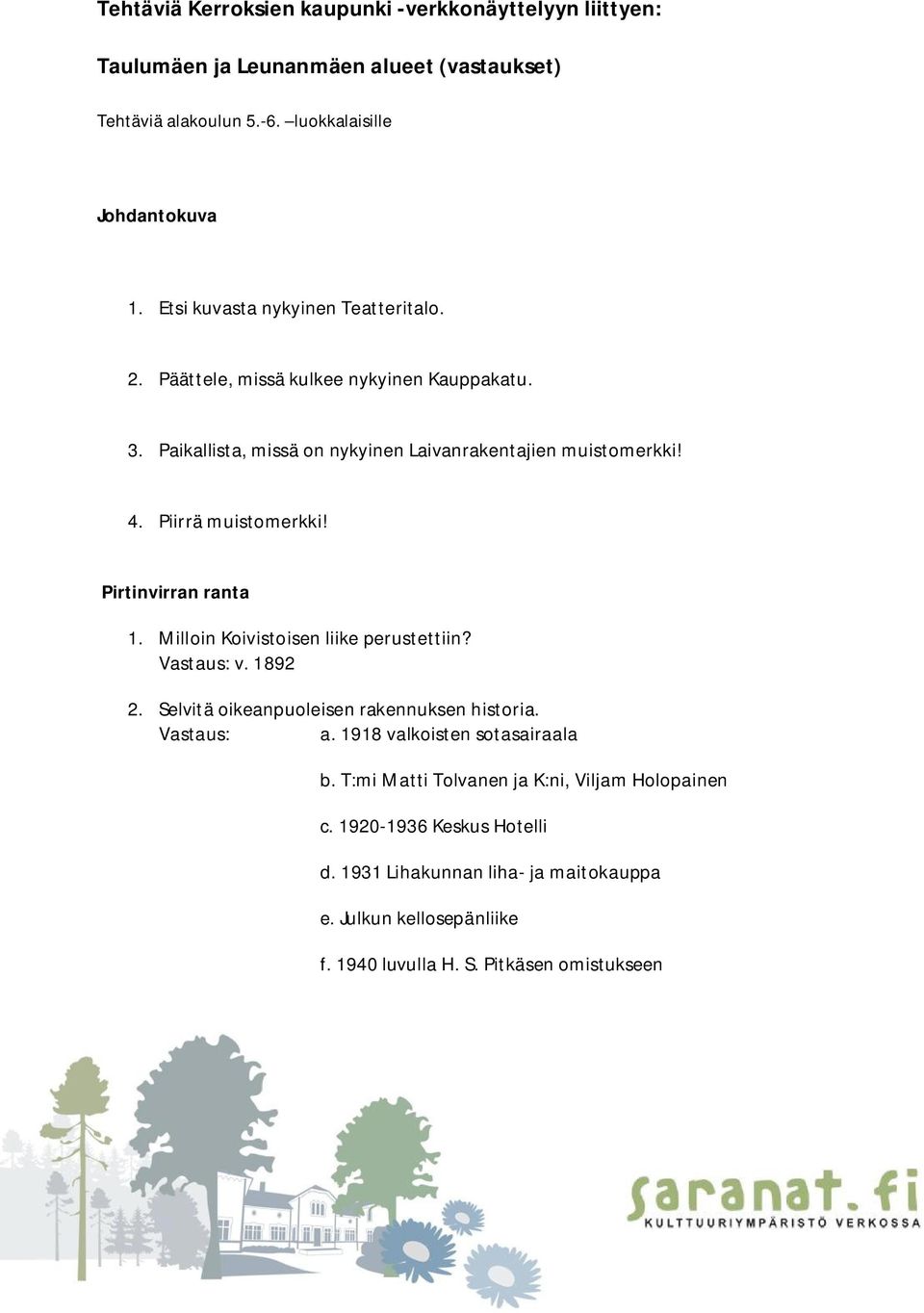 Pirtinvirran ranta 1. Milloin Koivistoisen liike perustettiin? Vastaus: v. 1892 2. Selvitä oikeanpuoleisen rakennuksen historia. Vastaus: a. 1918 valkoisten sotasairaala b.