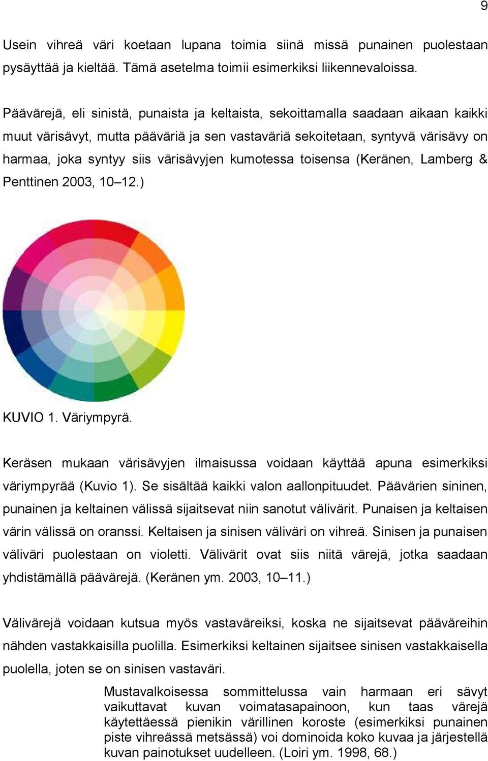 värisävyjen kumotessa toisensa (Keränen, Lamberg & Penttinen 2003, 10 12.) KUVIO 1. Väriympyrä. Keräsen mukaan värisävyjen ilmaisussa voidaan käyttää apuna esimerkiksi väriympyrää (Kuvio 1).