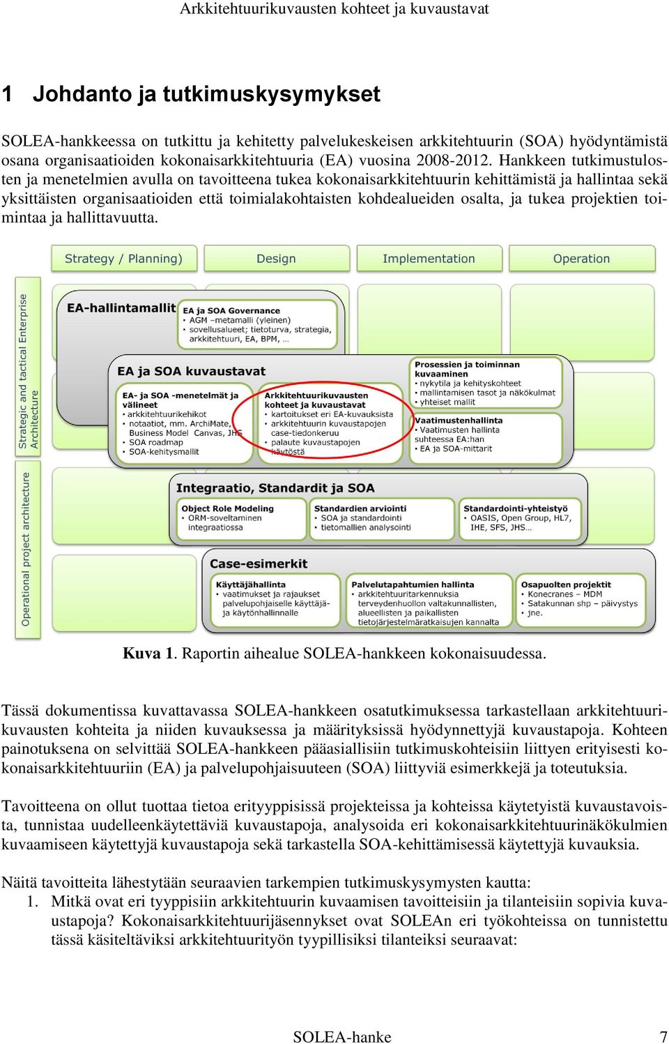 ja tukea projektien toimintaa ja hallittavuutta. Kuva 1. Raportin aihealue SOLEA-hankkeen kokonaisuudessa.