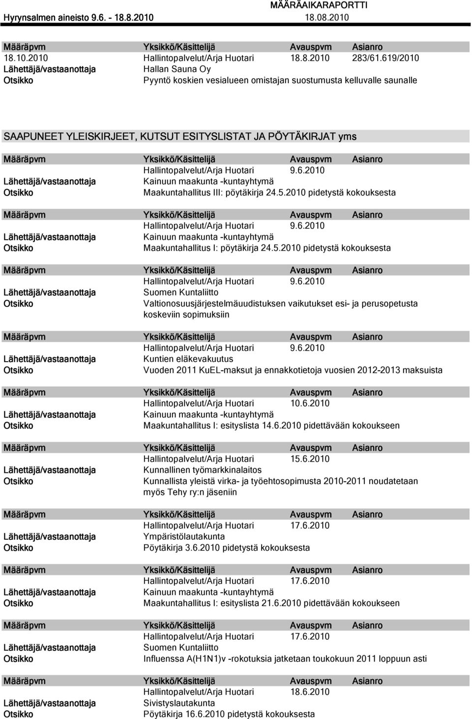 2010 pidetystä kokouksesta Maakuntahallitus I: pöytäkirja 24.5.