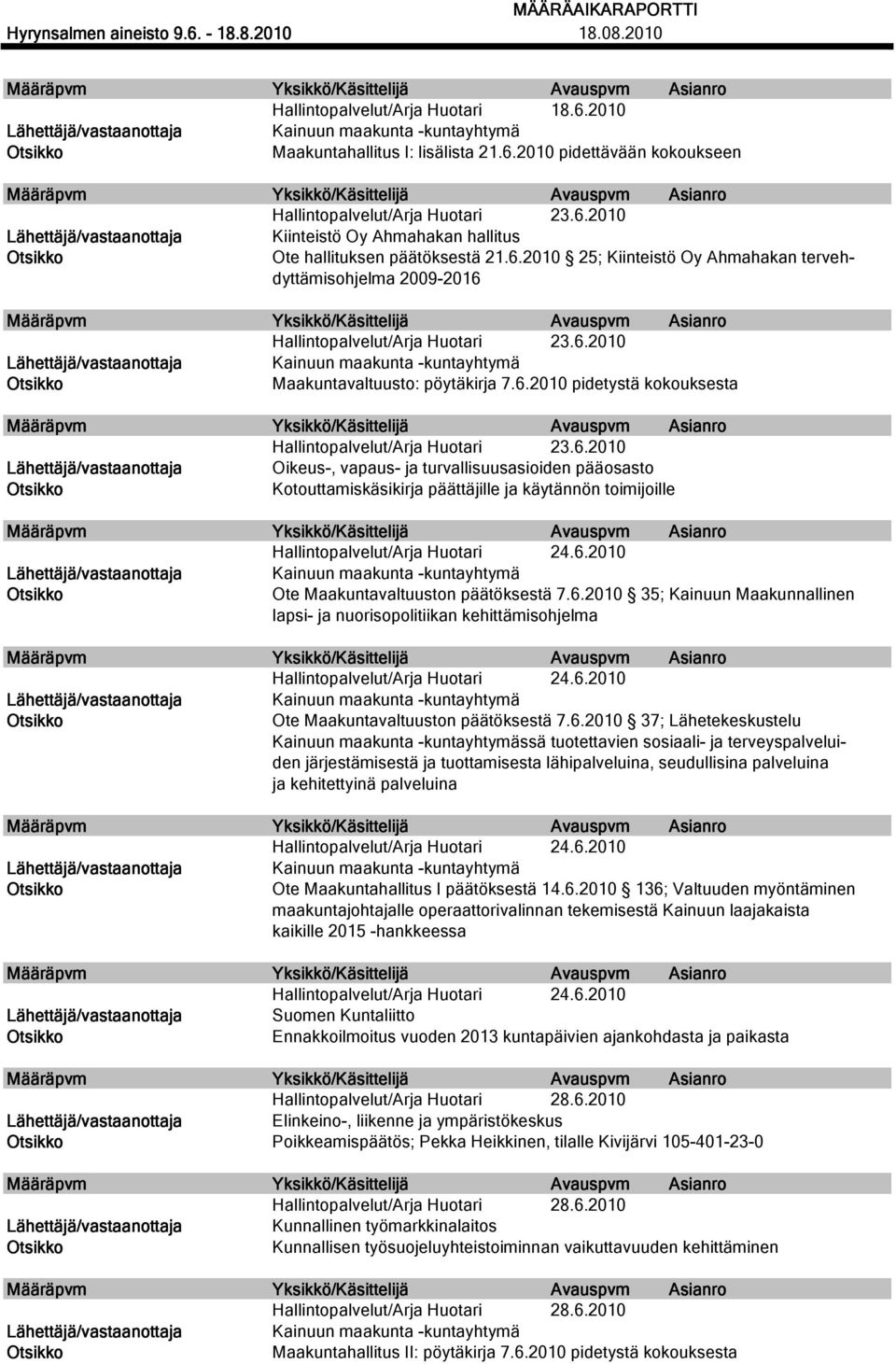 6.2010 35; Kainuun Maakunnallinen lapsi- ja nuorisopolitiikan kehittämisohjelma Ote Maakuntavaltuuston päätöksestä 7.6.2010 37; Lähetekeskustelu ssä tuotettavien sosiaali- ja terveyspalveluiden