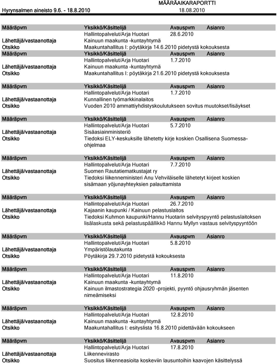 7.2010 Kajaanin kaupunki / Kainuun pelastuslaitos Tiedoksi Kuhmon kaupunki/hannu Huotarin selvityspyyntö pelastuslaitoksen lisälaskusta sekä pelastuspäällikkö Hannu Myllyn vastaus selvityspyyntöön 5.