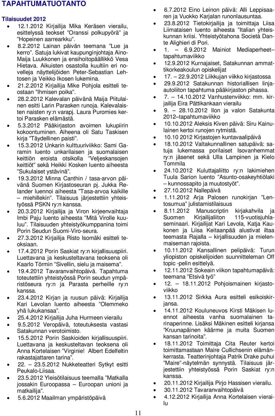 21.2.2012 Kirjailija Mike Pohjola esitteli teostaan Ihmisen poika. 28.2.2012 Kalevalan päivänä Maija Piitulainen esitti Larin Parasken runoja. Kalevalaisten naisten ry:n varapj.