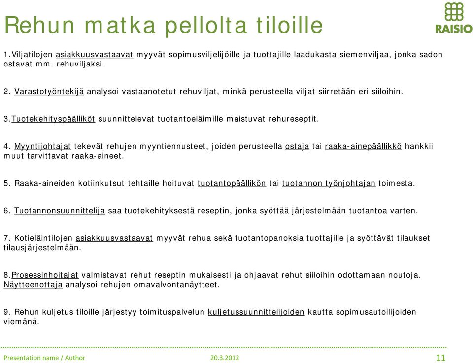Myyntijohtajat tekeät rehujen myyntiennusteet, joiden perusteella ostaja tai raaka-ainepäällikkö hankkii muut tarittaat raaka-aineet. 5.