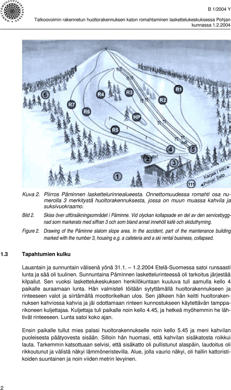 Vid olyckan kollapsade en del av den servicebyggnad som markerats med siffran 3 och som bland annat innehöll kafé och skiduthyrning. Figure 2. Drawing of the Påminne slalom slope area.