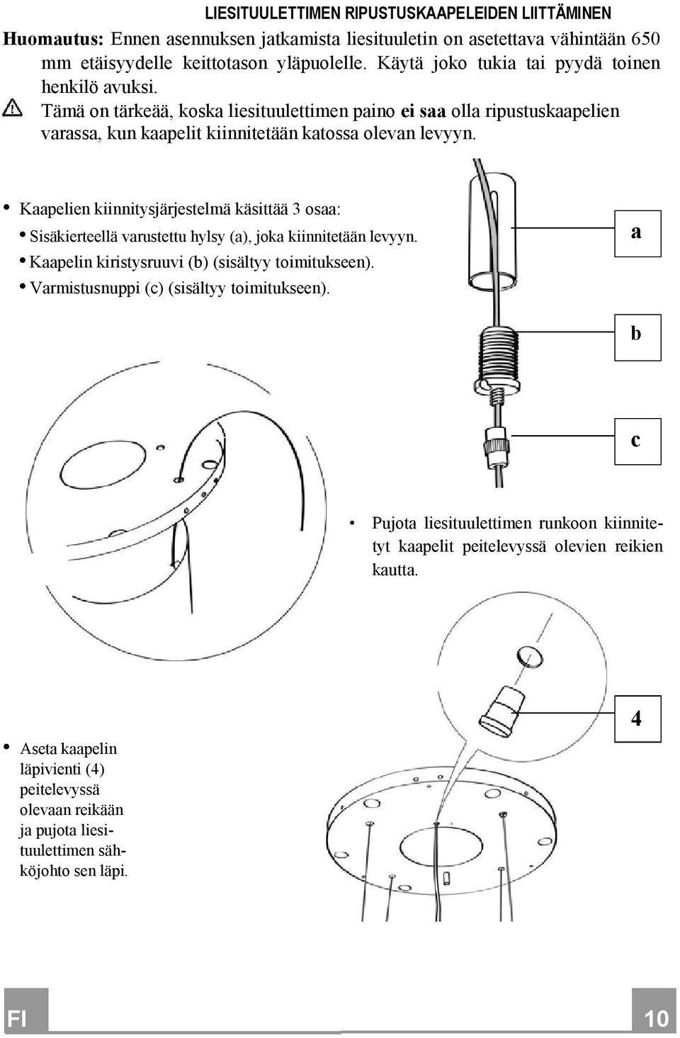 Kaapelien kiinnitysjärjestelmä käsittää 3 osaa: Sisäkierteellä varustettu hylsy (a), joka kiinnitetään levyyn. Kaapelin kiristysruuvi (b) (sisältyy toimitukseen).