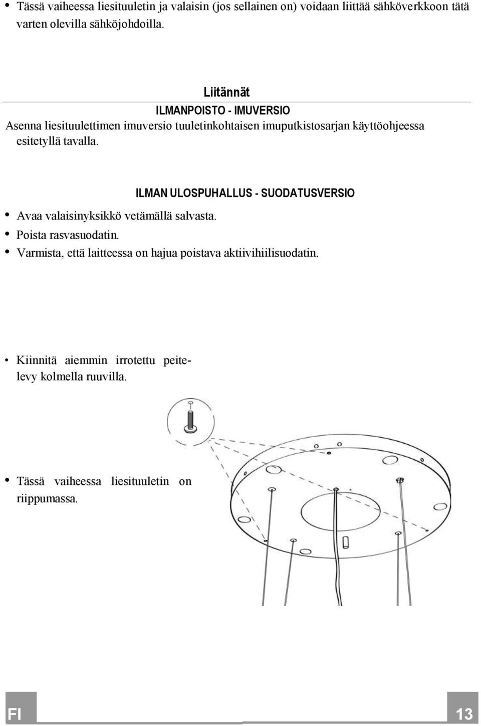 tavalla. ILMAN ULOSPUHALLUS - SUODATUSVERSIO Avaa valaisinyksikkö vetämällä salvasta. Poista rasvasuodatin.