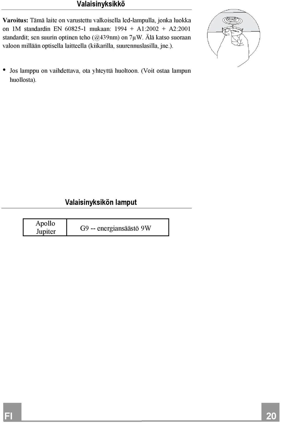 Älä katso suoraan valoon millään optisella laitteella (kiikarilla, suurennuslasilla, jne.).