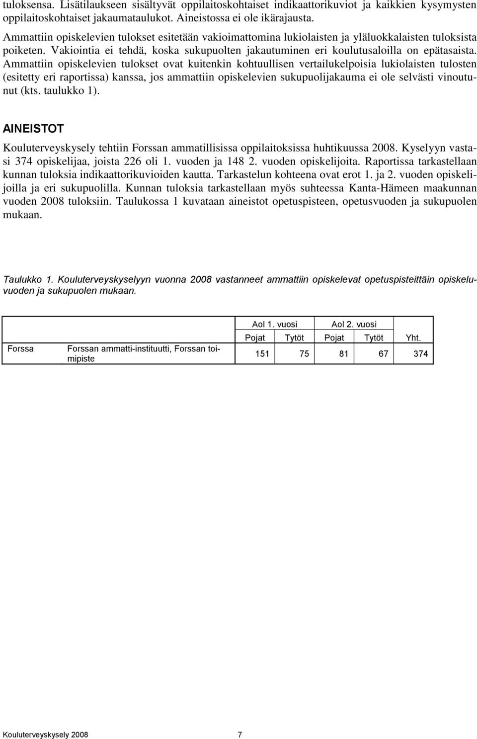 Ammattiin opiskelevien tulokset ovat kuitenkin kohtuullisen vertailukelpoisia lukiolaisten tulosten (esitetty eri raportissa) kanssa, jos ammattiin opiskelevien sukupuolijakauma ei ole selvästi