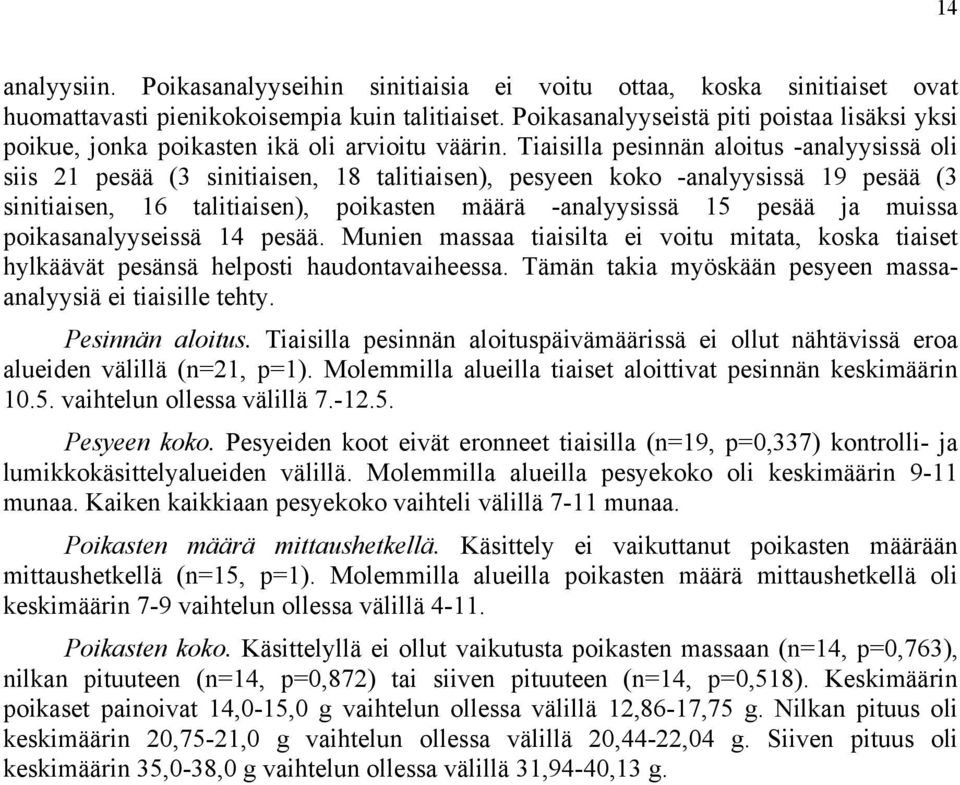 Tiaisilla pesinnän aloitus -analyysissä oli siis 21 pesää (3 sinitiaisen, 18 talitiaisen), pesyeen koko -analyysissä 19 pesää (3 sinitiaisen, 16 talitiaisen), poikasten määrä -analyysissä 15 pesää ja