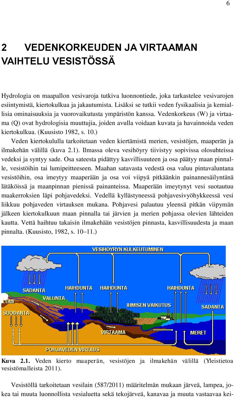 Vedenkorkeus (W) ja virtaama (Q) ovat hydrologisia muuttujia, joiden avulla voidaan kuvata ja havainnoida veden kiertokulkua. (Kuusisto 1982, s. 10.