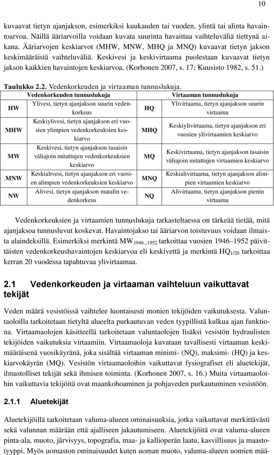 (Korhonen 2007, s. 17; Kuusisto 1982, s. 51.) Taulukko 2.2. Vedenkorkeuden ja virtaaman tunnuslukuja.