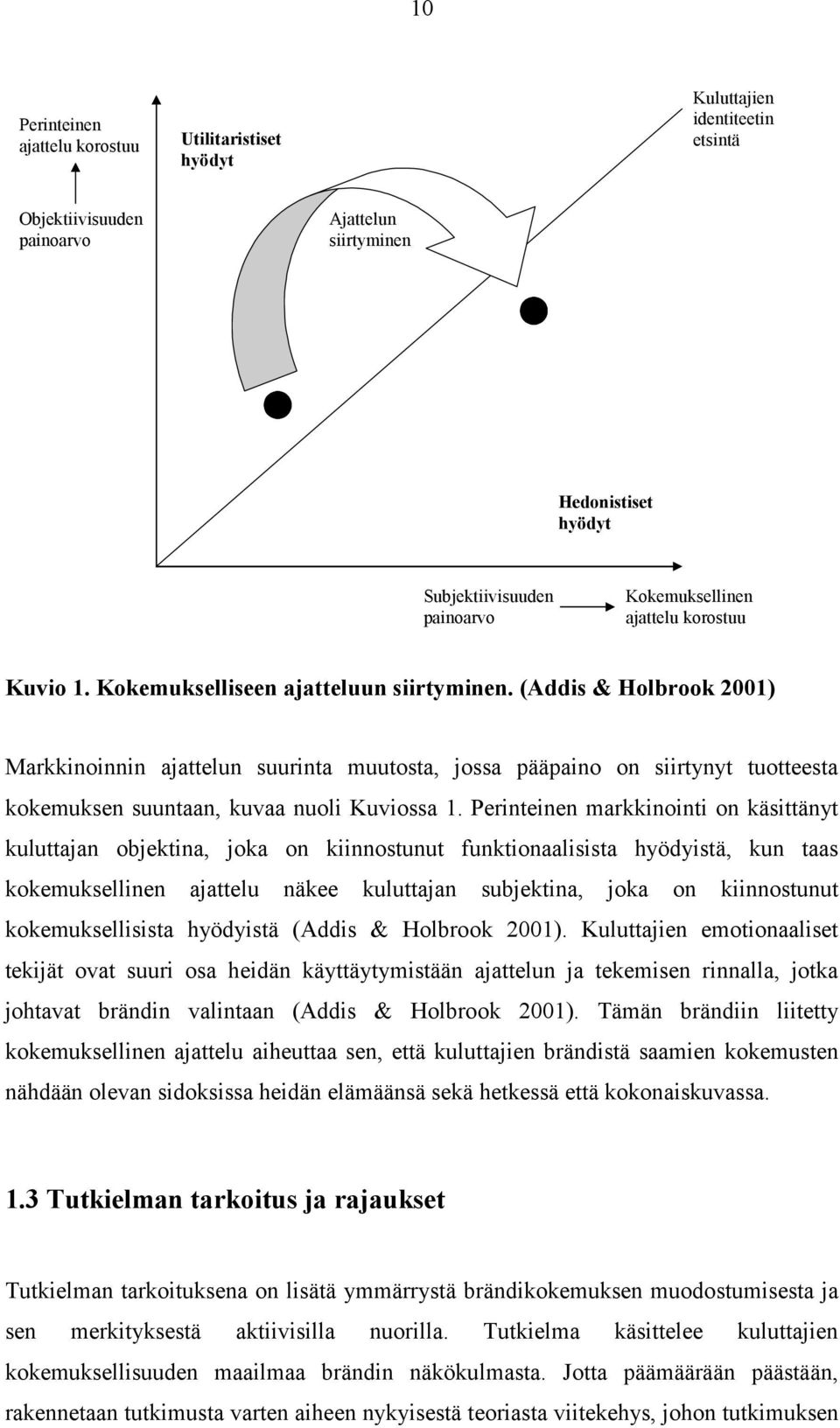 (Addis & Holbrook 2001) Markkinoinnin ajattelun suurinta muutosta, jossa pääpaino on siirtynyt tuotteesta kokemuksen suuntaan, kuvaa nuoli Kuviossa 1.