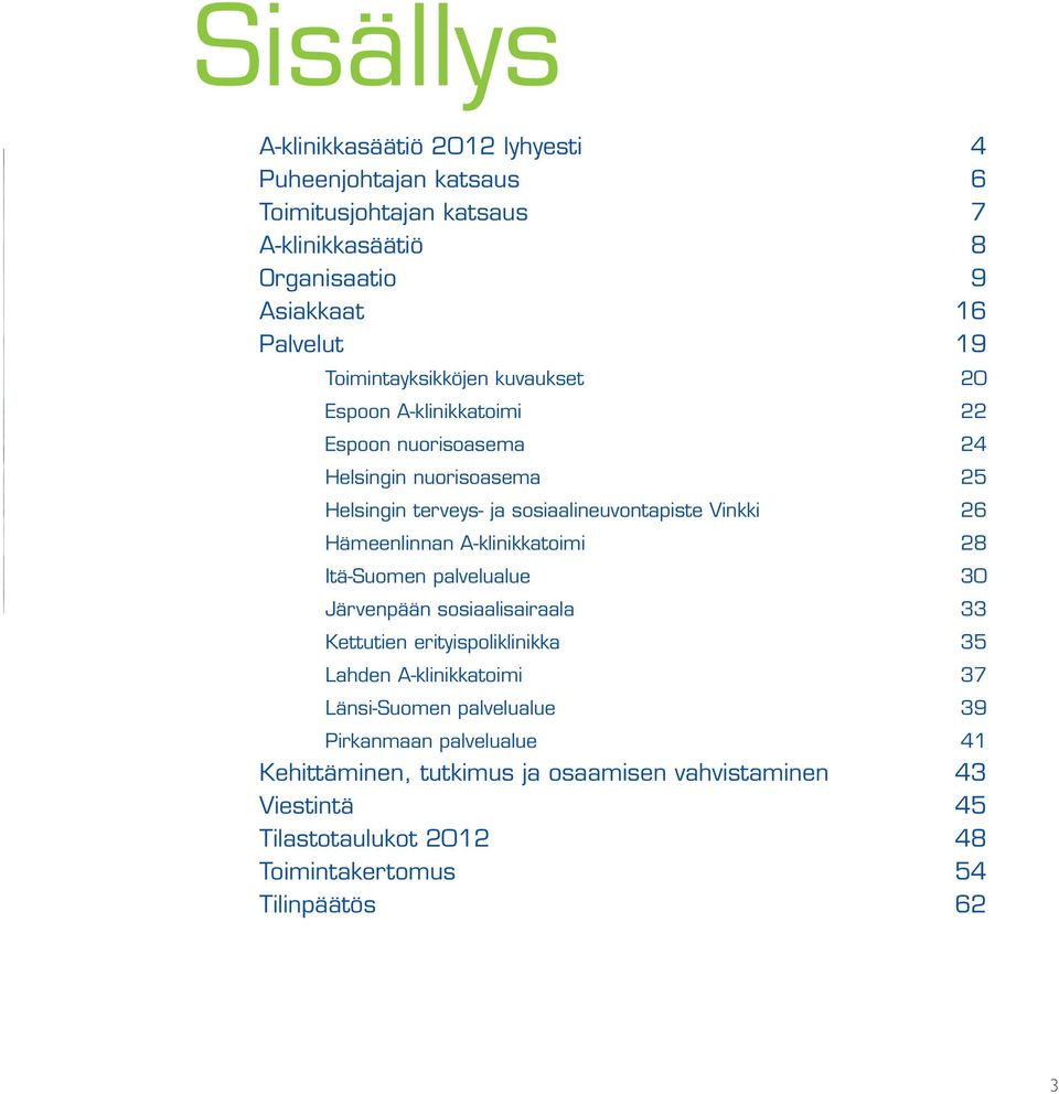 Hämeenlinnan A-klinikkatoimi 28 Itä-Suomen palvelualue 30 Järvenpään sosiaalisairaala 33 Kettutien erityispoliklinikka 35 Lahden A-klinikkatoimi 37 Länsi-Suomen