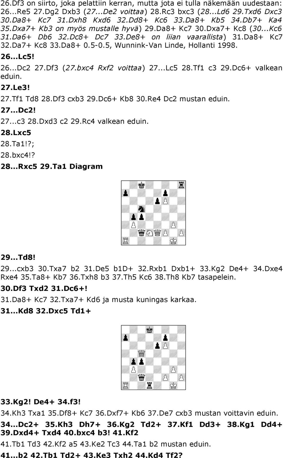 5, Wunnink-Van Linde, Hollanti 1998. 26...Lc5! 26...Dc2 27.Df3 (27.bxc4 Rxf2 voittaa) 27...Lc5 28.Tf1 c3 29.Dc6+ valkean eduin. 27.Le3! 27.Tf1 Td8 28.Df3 cxb3 29.Dc6+ Kb8 30.Re4 Dc2 mustan eduin. 27...Dc2! 27...c3 28.