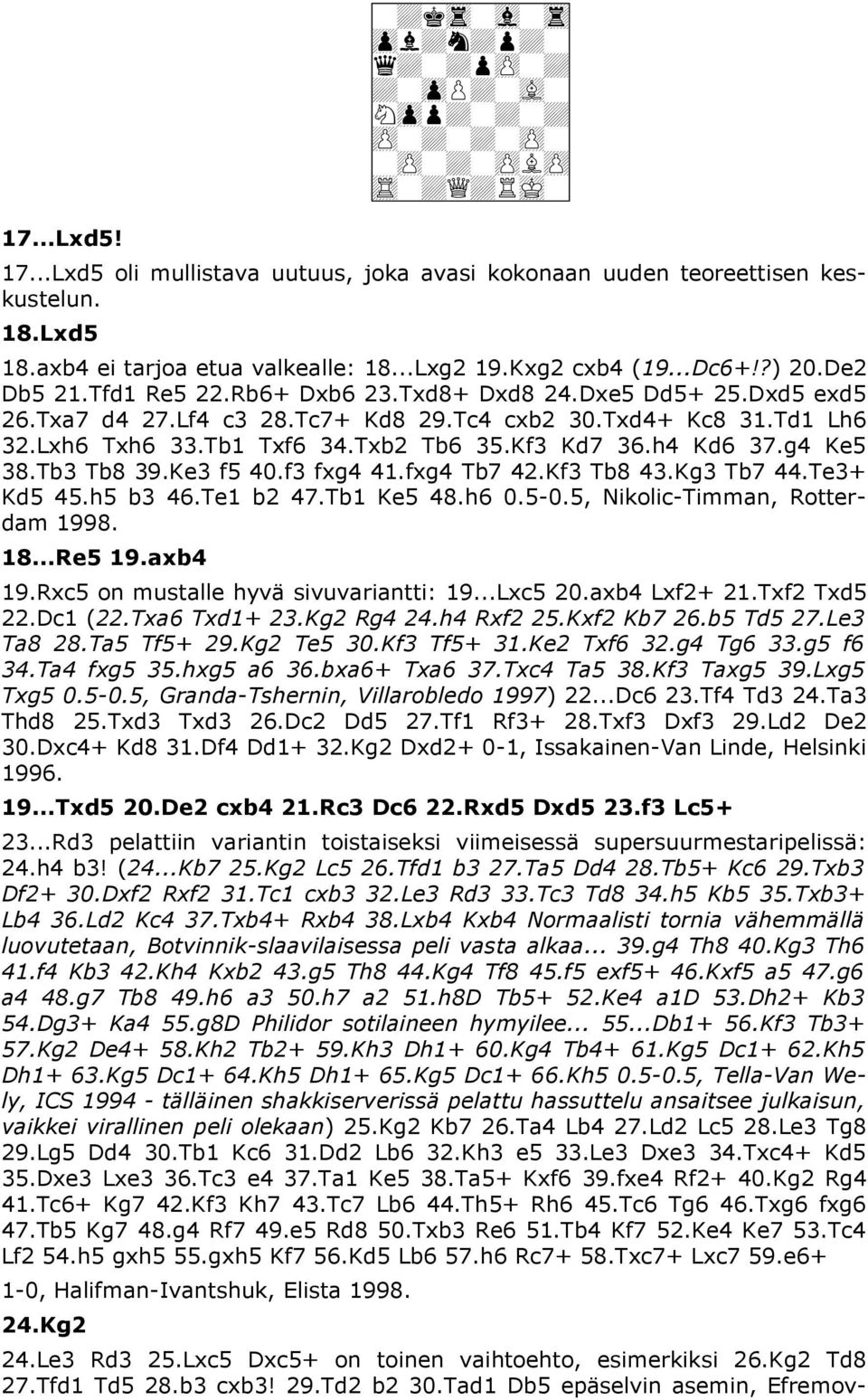 Txd4+ Kc8 31.Td1 Lh6 32.Lxh6 Txh6 33.Tb1 Txf6 34.Txb2 Tb6 35.Kf3 Kd7 36.h4 Kd6 37.g4 Ke5 38.Tb3 Tb8 39.Ke3 f5 40.f3 fxg4 41.fxg4 Tb7 42.Kf3 Tb8 43.Kg3 Tb7 44.Te3+ Kd5 45.h5 b3 46.Te1 b2 47.Tb1 Ke5 48.